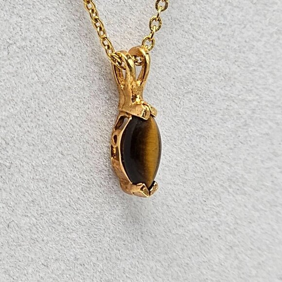 Gold Tone Vintage Brown Tiger Eye Pendant Necklace - Picture 3 of 5